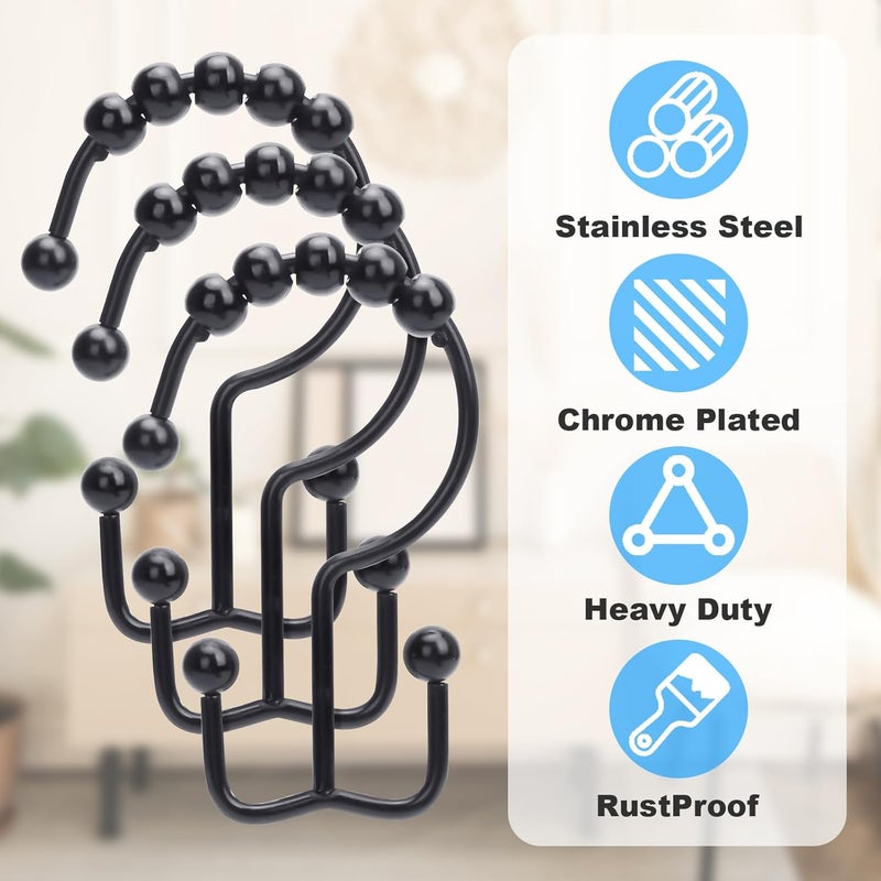 LifHap Shower Curtain Hooks,Double Sided Black Shower Curtain Hooks Rust Proof,Set of 12 Stainless Steel Shower Hooks for Both Curtain and Liner,Chrome - Image 3